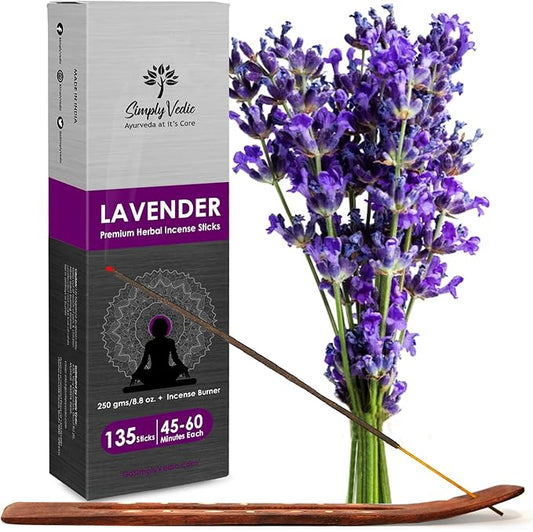 Lavender Incense Sticks with Holder – 135 Handmade Charcoal-Free Agarbatti | Natural Essential Oil Aromatherapy for Meditation, Yoga, Pooja, Relaxation – 45 Min Burn, Gift Set