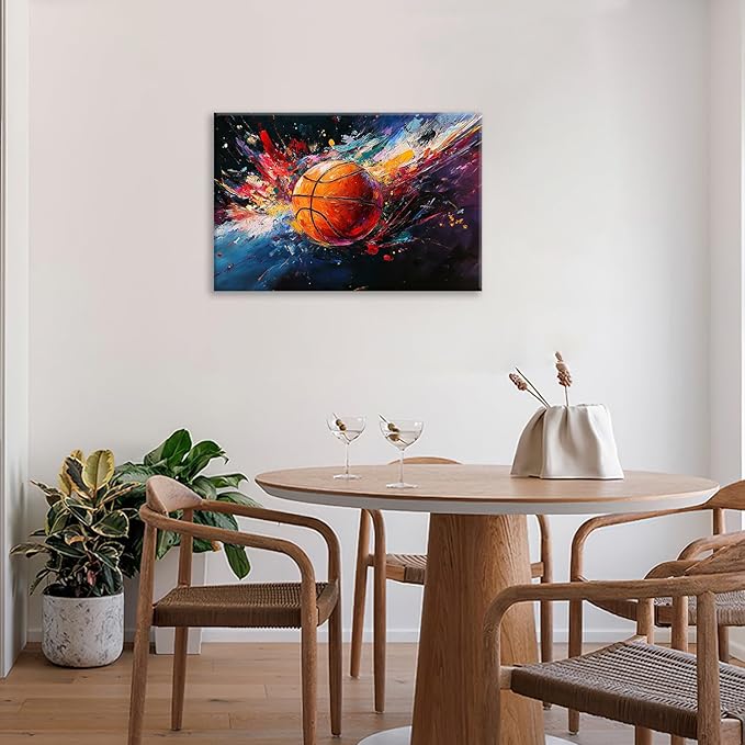 Olivine Basketball Wall Art, Graffiti Sports Picture, Colorful Sport Canvas Print Painting, Framed Artwork for Bathroom Bedroom Living Room Office Home Decoration 24"x16"