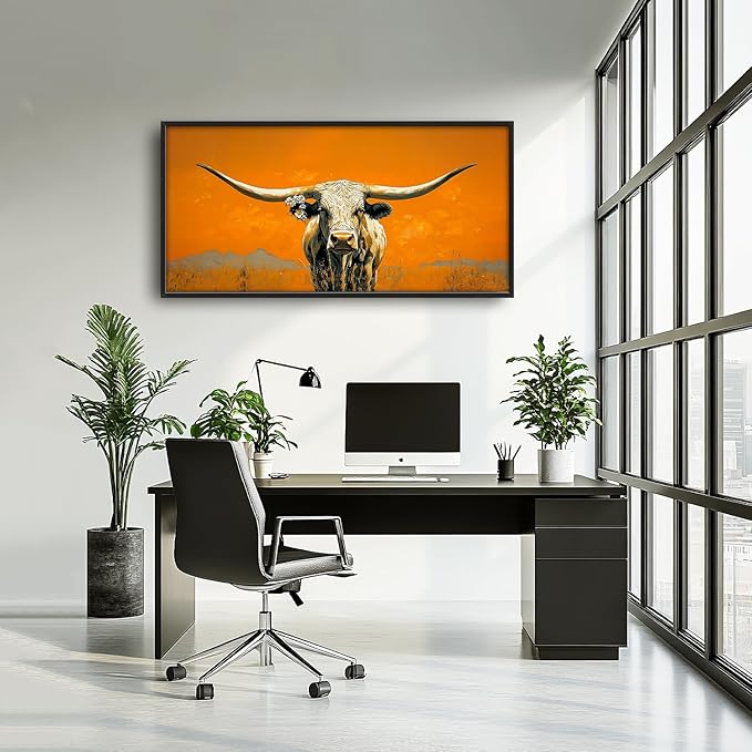 SweetFox Extra Large Western Longhorn Steer Framed Wall Art for Living Room, Farmhouse Cow Pictures Oversized Wall Decor Abstract Canvas Painting Print Artworks for Bathroom Master Bedroom 60L X 30W