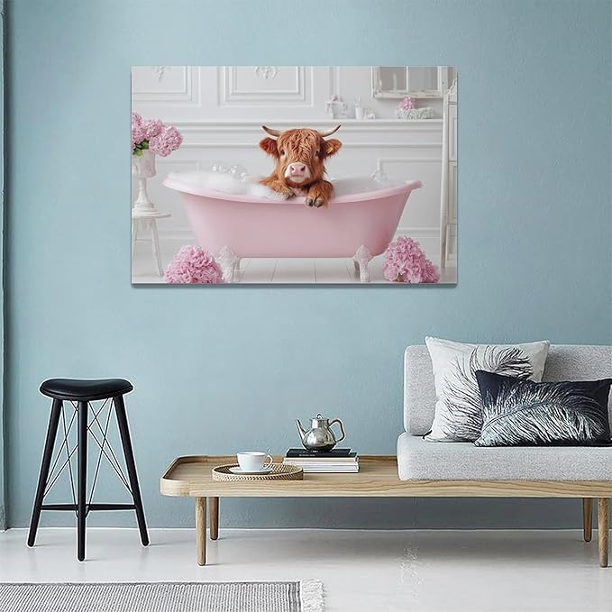 Bathroom Cow Wall Art Highland Cow Wall Decor Pink Pictures Canvas Painting Framed Artwork Home Decorations for Toilet Lavatory Living Room Bedroom 24"x16"