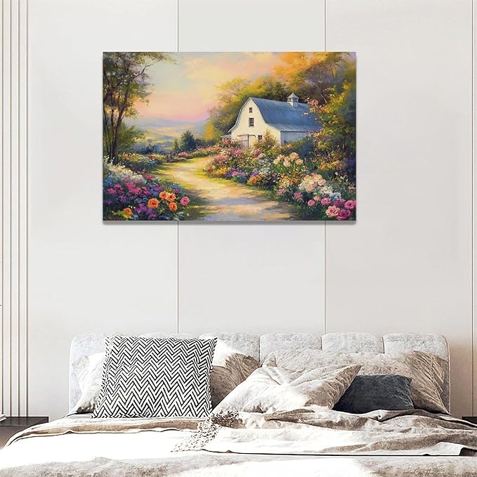 Olivine Garden Wall Art, Barn Pictures Wall Decor, Sunset Painting Vintage Village Garden Canvas Print, Framed Artwork for Living Room Bedroom Bathroom Office Home Decoration 24"x16"