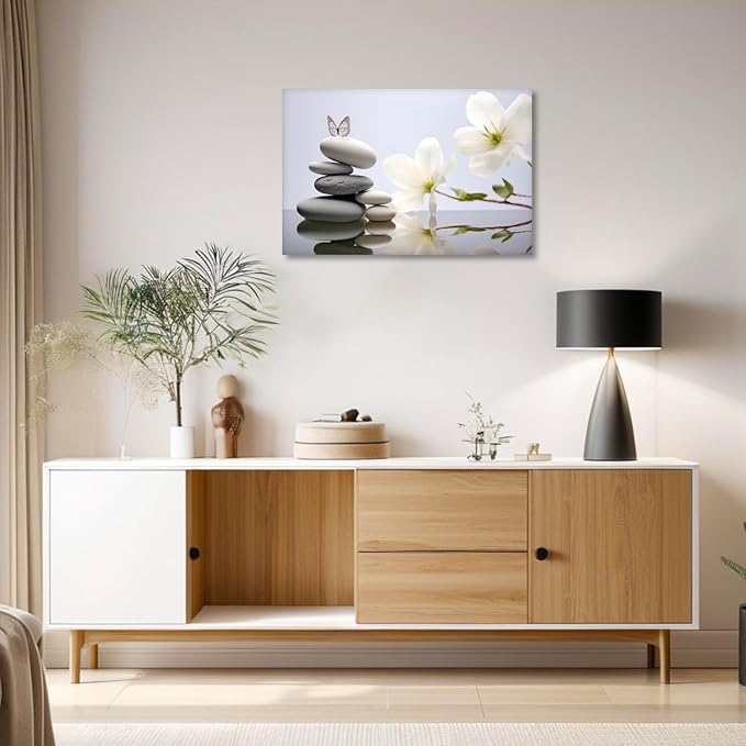 Zen Canvas Wall Art Lotus Picture Bathroom Wall Decor Blue Poster Spiritual Meditation Artwork Spa Stones Butterfly Prints for Yoga Room Home Decor Framed(Art-6,12.00x18.00 inch)