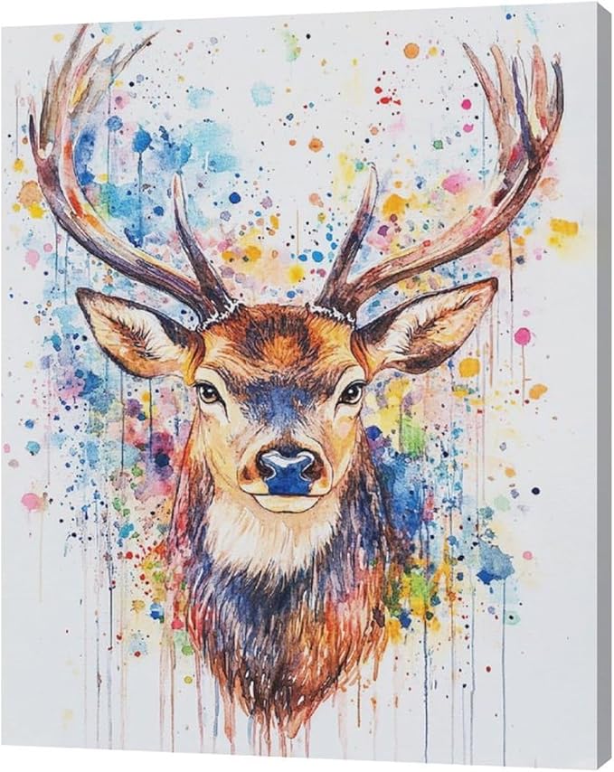 Fleruku Watercolor Deer Wall Art Colorful Elk Wall Decor Antlers Pictures Animal Canvas Painting Artwork Home Decorations for Living Room Bedroom Bathroom Office Nursery Classroom 16"x20"