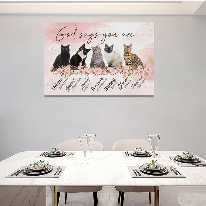 God says you are decor wall art cat canvas Pictures Christian Wall Decor flower Canvas for Girl’s Room Prints Painting Framed Artwork for Bathroom living room Bedroom 24"x16"