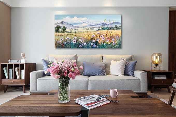 Anolyfi Rustic Farmhouse Canvas Wall Art Large Abstract Wildflower Landscape Painting Florals Mountain Picture, Textured Artwork Framed for Living Room Bedroom Bathroom Office Home Decor 48"x24"