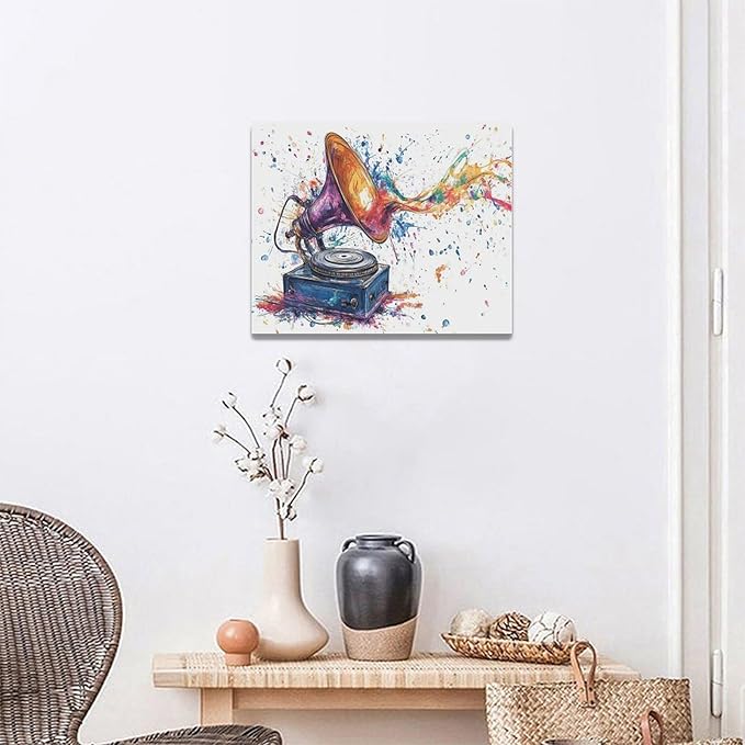 Fleruku Watercolor Phonograph Wall Art Colorful Phonograph Wall Decor Pictures Canvas Painting Artwork Home Decorations for Living Room Bedroom Bathroom Office Nursery Classroom 20"x16"
