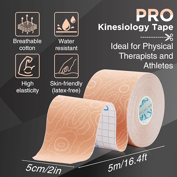 OK TAPE PRO Kinesiology Tape Uncut Roll, Elastic Physical Therapy Athletic Tape for Pain Relief, Muscle Support, Kinetic Tape, Water Resistant, 2in X 16.4ft -Beige 2 Rolls