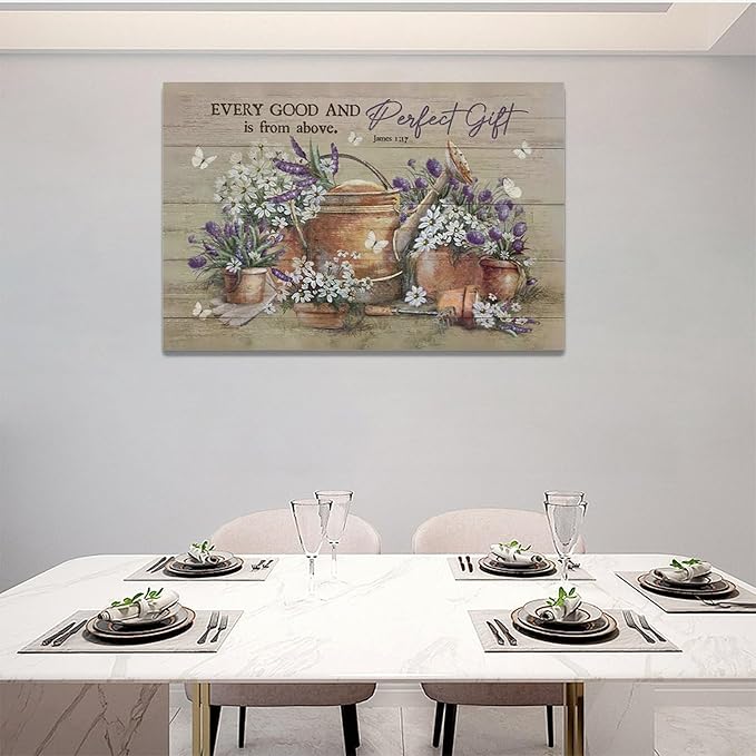Country Bathroom Flower Wall Art Farmhouse Lavender Wall Decor Rustic Scripture Sign Canvas Painting Artwork Home Decorations for Man Teenager Office Bedroom Living Room Bathroom 24"x16"