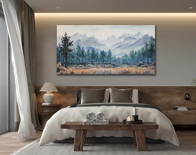 Anolyfi Forest Mountain Canvas Wall Art Nature Tree Landscape Painting, Panoramic Scenery Picture Textured Large Artwork Framed for Living Room Bedroom Bathroom Kitchen Office Home Decor 48"x24"