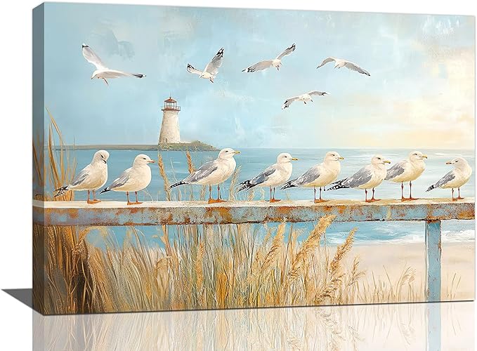Olivine Beach Wall Art, Coastal Seagull Lighthouse Bathroom Pictures, Nautical Canvas Prints Painting for Living Room Bedroom Dinning Room Kitchen 24x16 Inch Framed