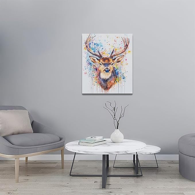 Fleruku Watercolor Deer Wall Art Colorful Elk Wall Decor Antlers Pictures Animal Canvas Painting Artwork Home Decorations for Living Room Bedroom Bathroom Office Nursery Classroom 20"x24"