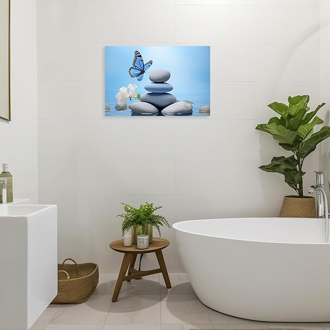 ARTZGX Zen Wall Art for Bathroom Zen Stone Picture Blue Butterfly Painting Still Life Artwork for Yoga Room Decor Frame(Zen - C 12.00" x 18.00")