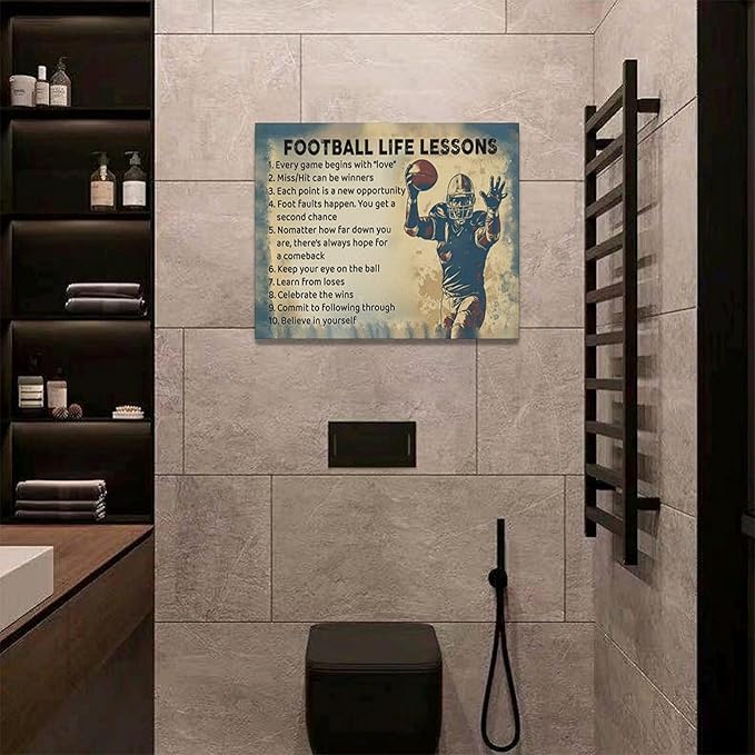 Farmhouse Football Wall Art For Boy Room Rustic Football Life Lessons Wall Decor Retro Football Sign Canvas Painting Artwork Home Decorations for Man Teenager Office Bedroom Living Room 20"x16"