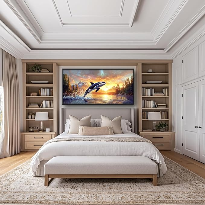 SweetFox Extra Large Orca Whale Sunset Framed Wall Art for Living Room, Ocean Wildlife Pictures Oversized Wall Decor Abstract Big Canvas Painting Print Artworks for Bathroom Bedroom 60L X 30W