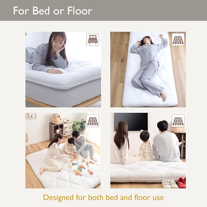 Japanese Futon Mattress, 100% Polyester, Foldable & Portable Floor Lounger Bed, Roll Up Sleeping Pad, Shikibuton (Twin, Regular)