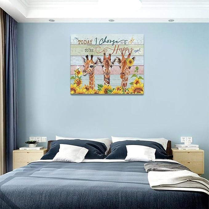 Giraffe Bathroom Decor Wall Art Sunflower Wall Decor Giraffe Canvas I Choose Happy Prints Painting Framed Artwork for Bathroom living room Bedroom 20"x16"