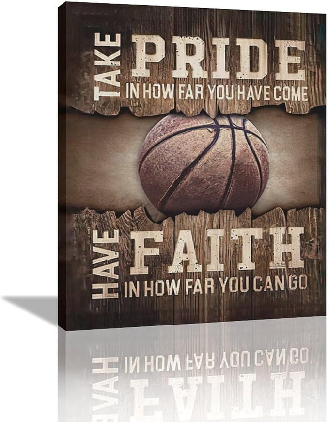 Fleruku Rustic Basketball Wall Art Sports Wall Decor Inspirational Quotes Brown Pictures Basketball Sign Canvas Painting Artwork Home Decorations For Boy Man Teenager Fans Bedroom Living Room 20"x24"