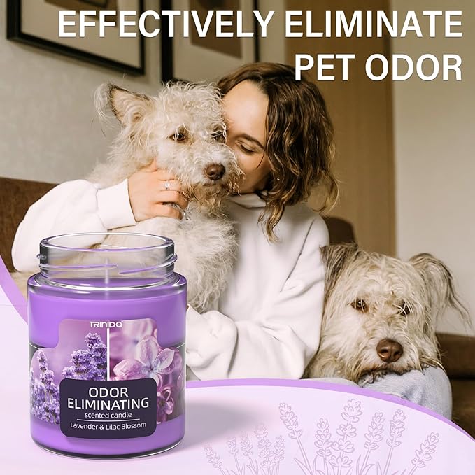 Lavender & Lilac Blossom Odor Eliminating Candles for Home Scented, Eliminates 99% of Pet, Smoke, Food and Other Smells Quickly, Highly Fragranced Candle, Premium Soy Candles Set for Women
