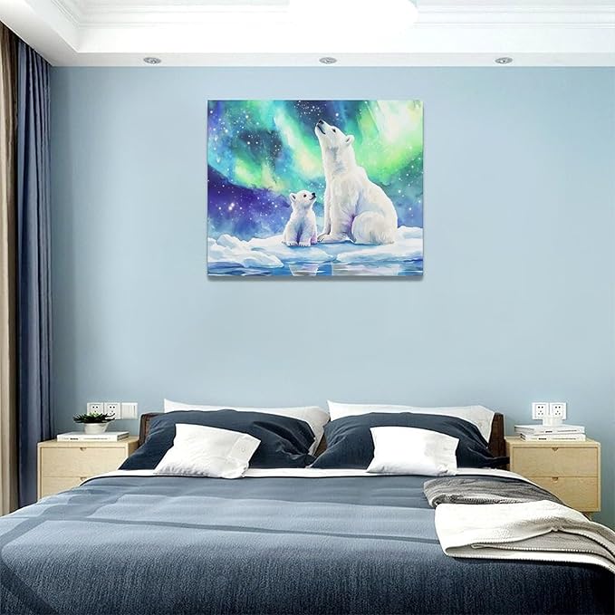 Olivine Polar Bear Wall Art, Northern Lights Pictures Wall Decor,Watercolor Polar Landscape Canvas Prints Paintings, Framed Artwork for Bathroom Bedroom Living Room Office Home Decoration 20"x16"