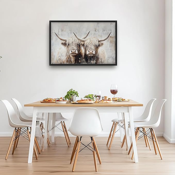SweetFox Extra Large Highland Cow Framed Wall Art for Living Room, Farmhouse Highland Cattle Pictures Oversized Wall Decor Abstract Canvas Painting Print Artworks for Bathroom Bedroom 36L X 24W