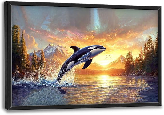 SweetFox Extra Large Orca Whale Sunset Framed Wall Art for Living Room, Ocean Wildlife Pictures Oversized Wall Decor Abstract Big Canvas Painting Print Artworks for Bathroom Bedroom 36L X 24W