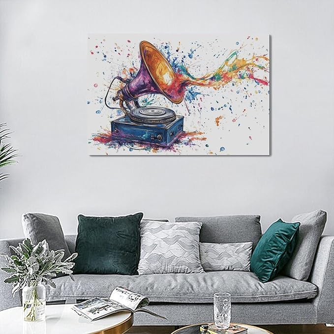 Fleruku Watercolor Phonograph Wall Art Colorful Phonograph Wall Decor Pictures Canvas Painting Artwork Home Decorations for Living Room Bedroom Bathroom Office Nursery Classroom 24"x16"