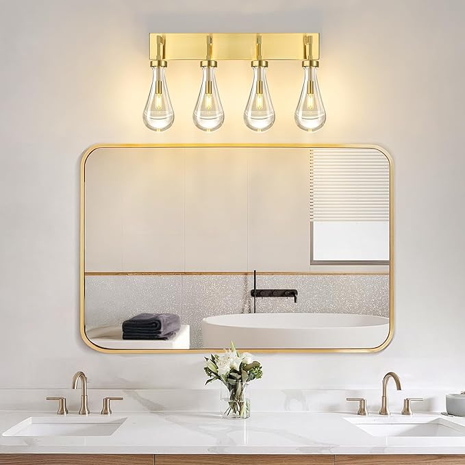 Raindrop Wall Sconces Gold Crystal Sconces Wall Decor Modern Brass Lighting Glass Bathroom Sconces Indoor Vanity Light Wall Lamp for Bedroom Living Room Stair(4-Light)