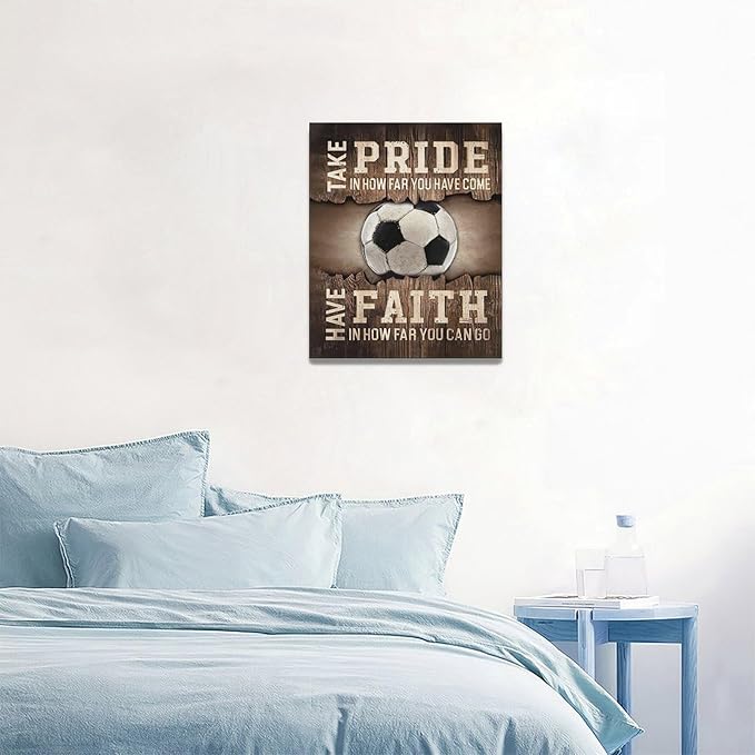 Fleruku Rustic Soccer Wall Art Sports Wall Decor Inspirational Quotes Brown Pictures Soccer Sign Canvas Painting Artwork Home Decorations for Boy Man Teenager Fans Bedroom Living Room 16"x20"