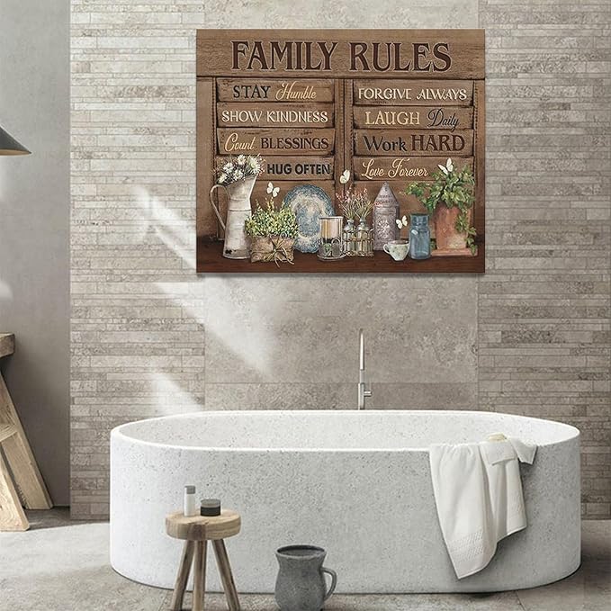Country Family Rules Wall Art Farmhouse Inspiration Wall Decor Rustic Flower Home Sign Pictures Canvas Painting Artwork Home Decorations For Living Room Bedroom Bathroom Office 24"x20"