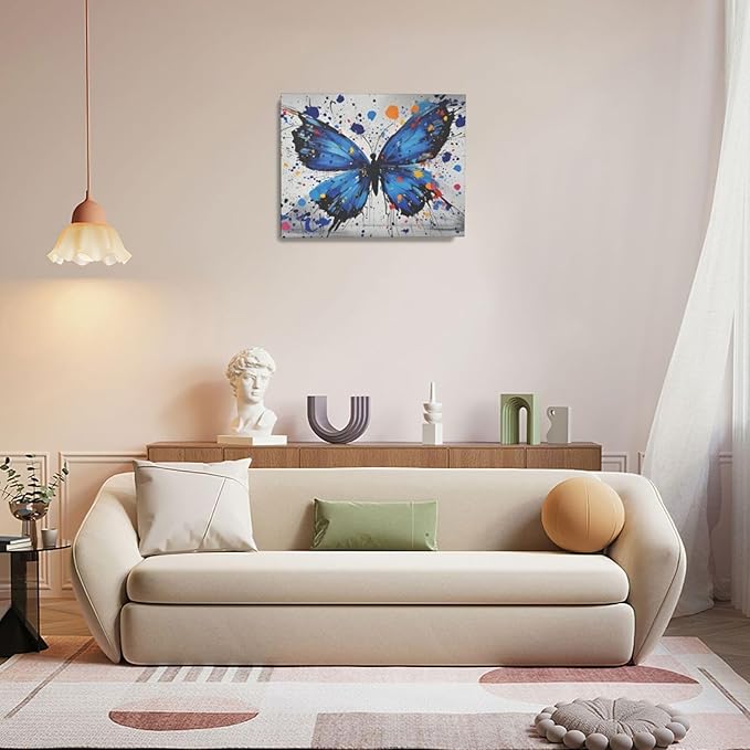 Banksy Butterfly Wall Art Blue Butterfly Street Art Graffiti Wall Decor Pictures Painting Canvas Artwork Framed Decoration Gifts for Women Girl Living Room Bedroom Office 16"x20"