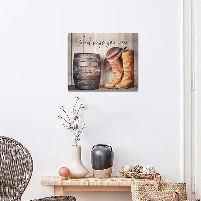 God says you are decor wall art western cowboy canvas Pictures cowboy boots Wall Decor Christian Canvas Prints Painting Framed Artwork for Bathroom living room Bedroom 20"x16"
