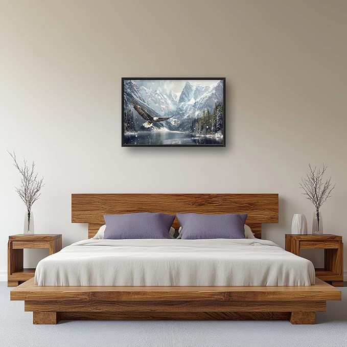 Winter Wall Art Snowy Mountain Lake Soaring Bald Eagle Pictures Wall Decor Large Canvas Prints Framed Artwork Paintings Home Office Decorations for Living Room Bedroom Dinning Room 36"x24"