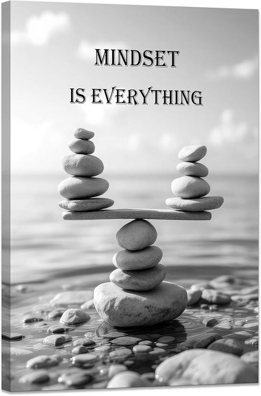 YIOZHAOFH Mindset Wall Art for Zen Office Inspirational Pictures Wall Decor Motivational Quotes Canvas Art Black and White Landscape Nature Print Poster Painting Framed for Meditation Spa Room Bedroom (28L x 44W)