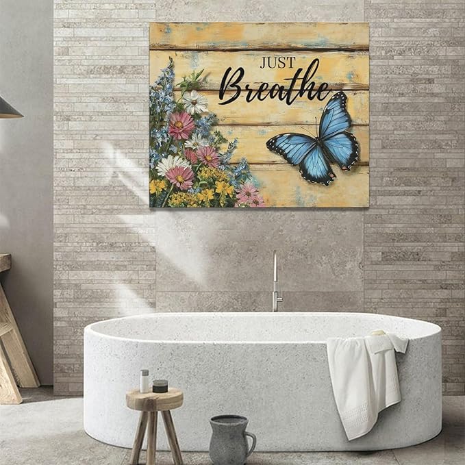 Olivine Butterfly Wall Art, Butterflies Flower Pictures Wall Decor, Just Breathe Painting, Vintage Farmhouse Canvas Prints, Framed Artwork for Living Room Bedroom Bathroom Kitchen Office Home 24"x20"
