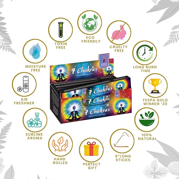 SOUL STICKS Hand-Rolled Incense Sticks Divine Spirit Blends 180 Gram Box | 100% Natural Masala Incense Organic Home Fragrance Agarbatti (7 Chakras)