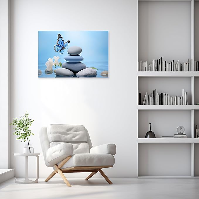 ARTZGX Zen Wall Art for Bathroom Zen Stone Picture Blue Butterfly Painting Still Life Artwork for Yoga Room Decor Frame(Zen - C 28.00" x 42.00")
