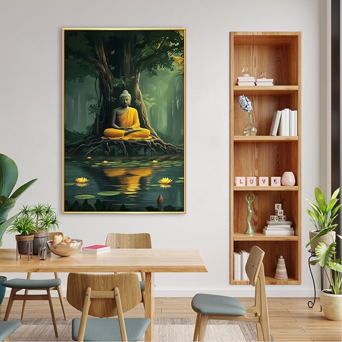 Buddha Canvas Wall Art, Buddha in the Green Jungle Painting Print Poster, Zen Statue Art Pictures Artwork, Meditation Buddhism Wall Decor for Yoga Room, Living Room (Black Framed, 39x59in|100x150cm)