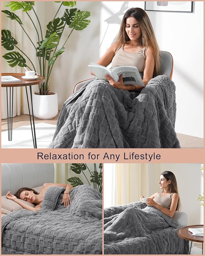 Kivik Dual Sided Weighted Blankets for Adults, Buttery Soft Stylish Checkered Heavy Blankets for Couch Sofa Bed - Ultra-Fluffy Fabric Brings Cloud-Like Comfort (48"x72"，Grey，15 Pounds)