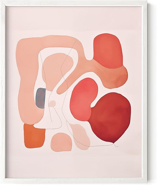 HAUS AND HUES Colorful Abstract Wall Art - Minimalist Retro Picture for Living Room Decor, Red and Pink Modern Wall Art Painting (Pink Abstract Shapes, White Frame, 11x14)
