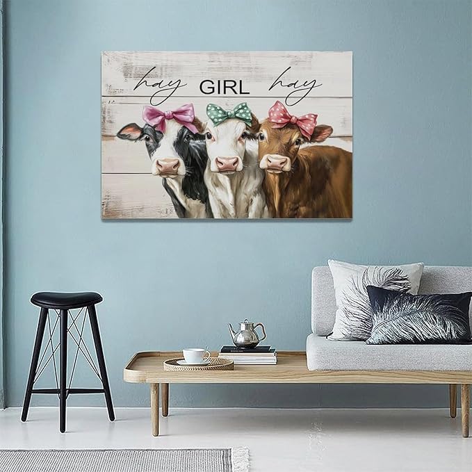Olivine Cow Wall Art, Farmhouse Pictures Wall Decor, Cows Painting, Country Rustic Canvas Prints, Framed Artwork for Living Room Bedroom Bathroom Home Decoration 24"x16"