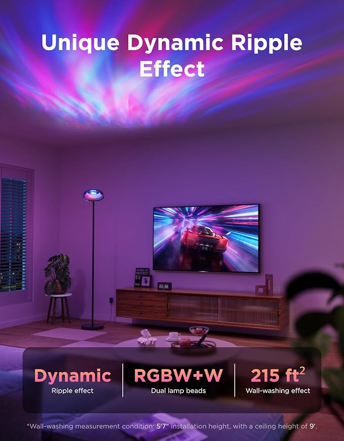 Govee Uplighter Floor Lamp for Living Room, RGBIC Ripple Projector, Floor Lamp for Bedroom Works with Matter, 215 ft² Light Area, 1000lm LED Modern Corner Floor Light, Warm Cool White Standing Lamp