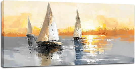 Large Sailboat Wall Art Nautical Boat Pictures Wall Decor Abstract Coastal Canvas Prints Painting Modern Framed Artwork for Bedroom Living Room Dining Room Bathroom Office 60"x30"