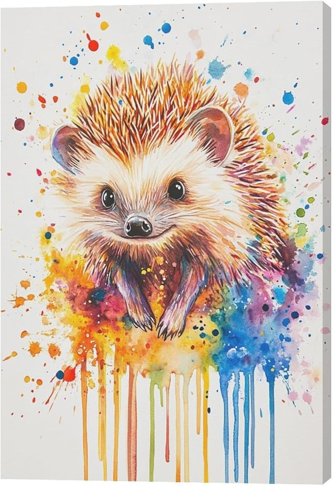 Fleruku Watercolor Hedgehog Wall Art Colorful Hedgehog Wall Decor Cute Animal Pictures Canvas Painting Artwork Home Decorations for Living Room Bedroom Bathroom Office Nursery Classroom 16"x24"