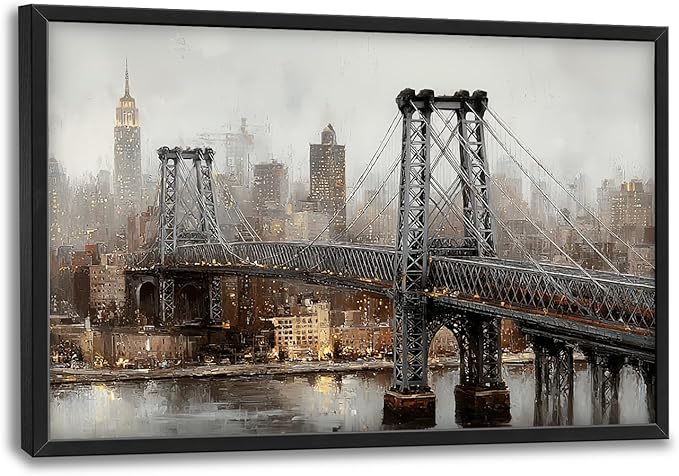 Glocmna Large New York City Skyline Wall Art for Living Room Manhattan Bridge Canvas Wall Decor Modern Architecture Oil Painting Pictures Print Framed Artwork Decorations Bedroom Home Office Dinning room 24"x36"