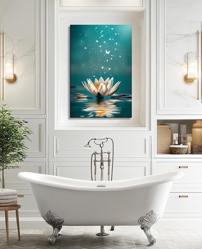 Lotus Canvas Wall Art Zen Wall Decor Teal Posters White Lotus on Water Picture Meditation Spiritual Art for Bathroom Living Room Home Office Decor Framed(Art-7,12.00x18.00 inch)