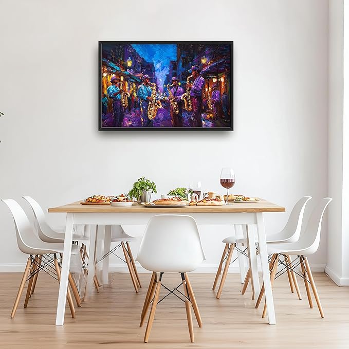 SweetFox Extra Large Banksy Jazz Music Framed Wall Art for Living Room, Jazz Band Banksy Pictures Oversized Wall Decor Abstract Canvas Painting Print Artworks for Bathroom Master Bedroom 36L X 24W