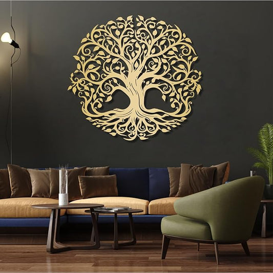 Yemwot Metal Tree of Life Wall Art, Circle of Life Metal Tree Wall Decor, Modern Sculpture Decor, Bedroom Living Room Study Room Decor (Gold, 24" x 22")