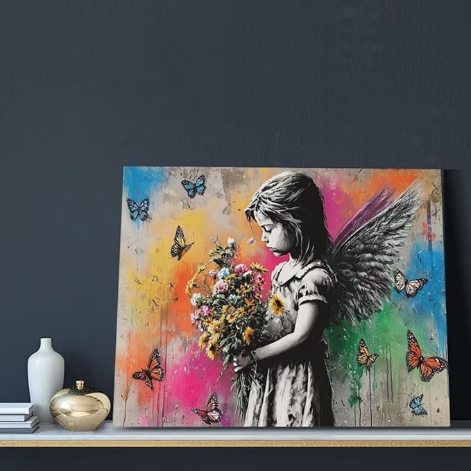 Banksy Wall Art Butterfly Girl Pictures Street Pop Art Graffiti Canvas Wall Decor Vintage Kids Aesthetic Painting Artwork Decorations Framed for Living Room Bedroom Bathroom Kid Room Office 16"x20"
