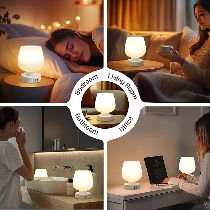 Touch Table Lamp for Nightstand Set of 2 - Bedside Lamp with USB C+A Charging Ports for Bedroom Living Room Night Stands, Desk Lamp with White Glass Shade for Small Spaces, 3 Way Dimmable