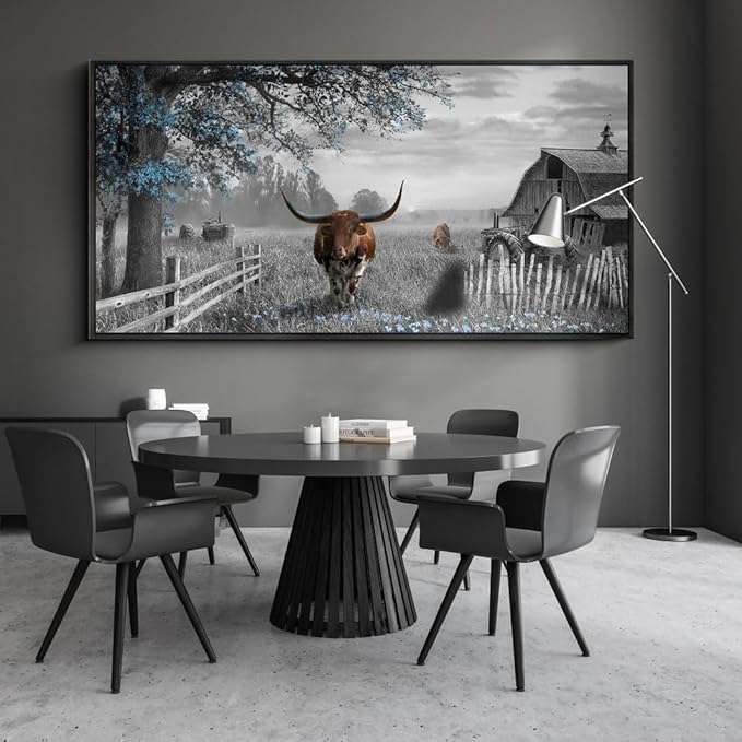 yiijeah Western Decor for Home - Pictures Wall Decor Living Room Modern Rustic Farmhouse Framed Wall Decor Prints Highland Cow boho Longhorn Decor Bedroom Canvas Artwork for Walls